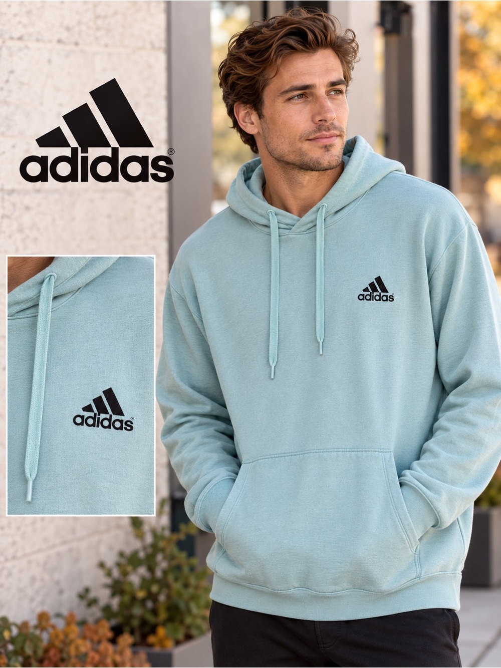 Adidas Men’s Pale Teal Hoodie with Black Logo